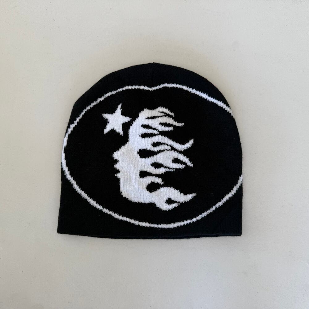 grunge gothic punk star face cozy black and white beanie